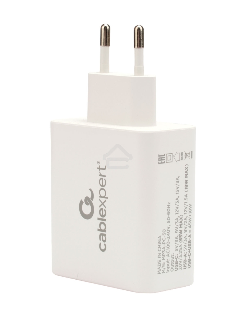 Зарядное устройство Cablexpert MP3A-PC-50, 65Вт GaN, быстрая зарядка QC4.0/PD3.0, 2 порта: USB и Type-C, белый, коробка