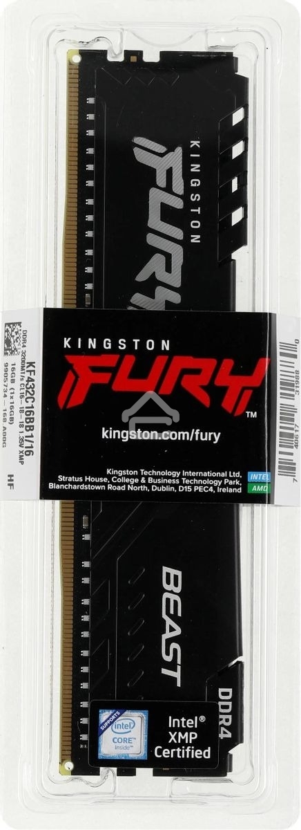 Оперативная память Kingston Fury Beast, DDR4, 16GB (1x16GB), 3200MHz, CL16, DIMM, с радиатором, черный