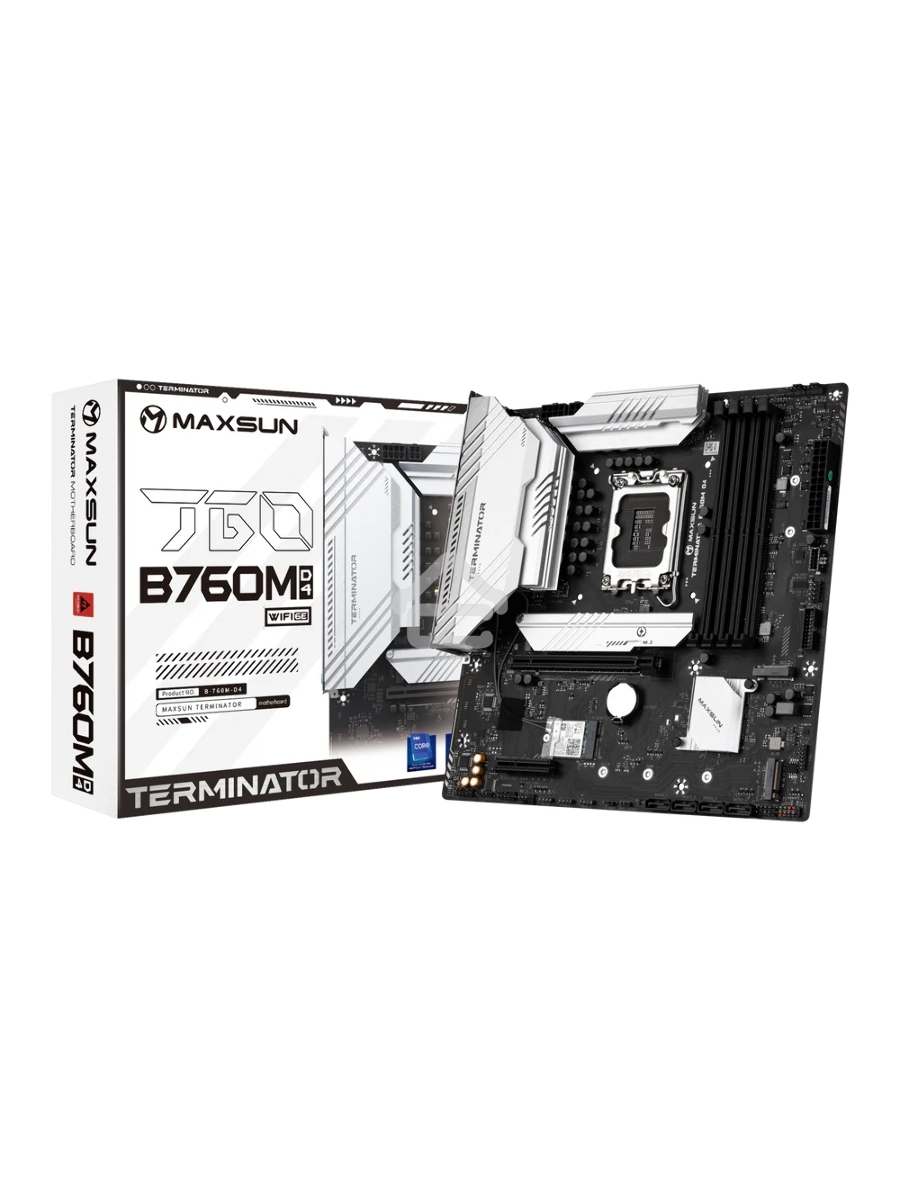 Материнская плата Maxsun Terminator B760M D4 WIFI6E, LGA 1700, Intel B760, 4xDDR4, 4xSATA, 3xM.2, 1xPCIe 5.0 x16, 1xPCIe 3.0 x4, 2xUSB-A 3.2 Gen 1, 2xUSB-A 3.2 Gen 2, 1xUSB-C 3.2 Gen 2x2, 1xHDMI, 1xDP, 1x 2.5Gb LAN, 3x3.5 мм, 5.1, M-ATX