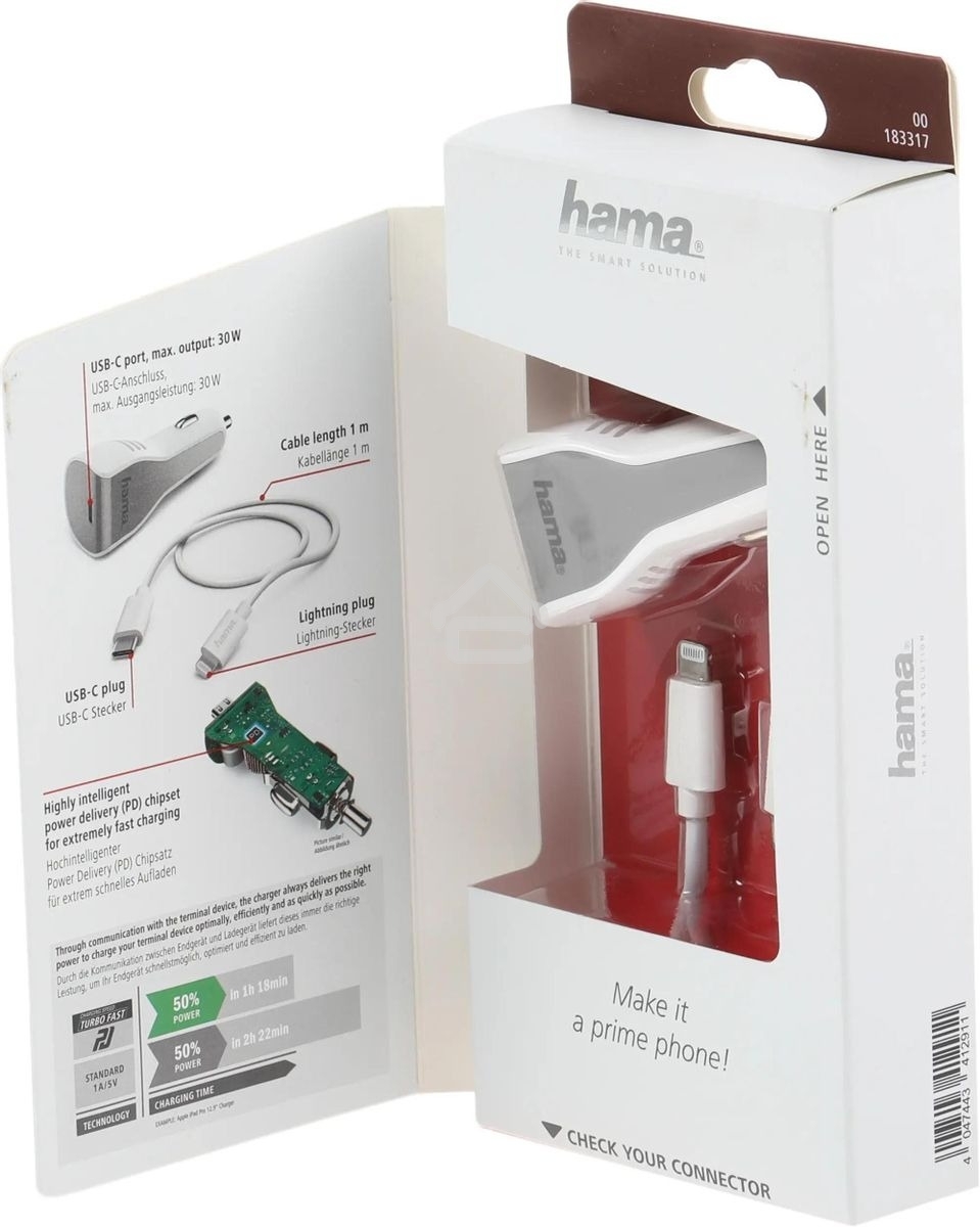 Комплект зарядное устройство Hama H-183317 3A PD для Apple кабель Apple Lightning/Type-C белый