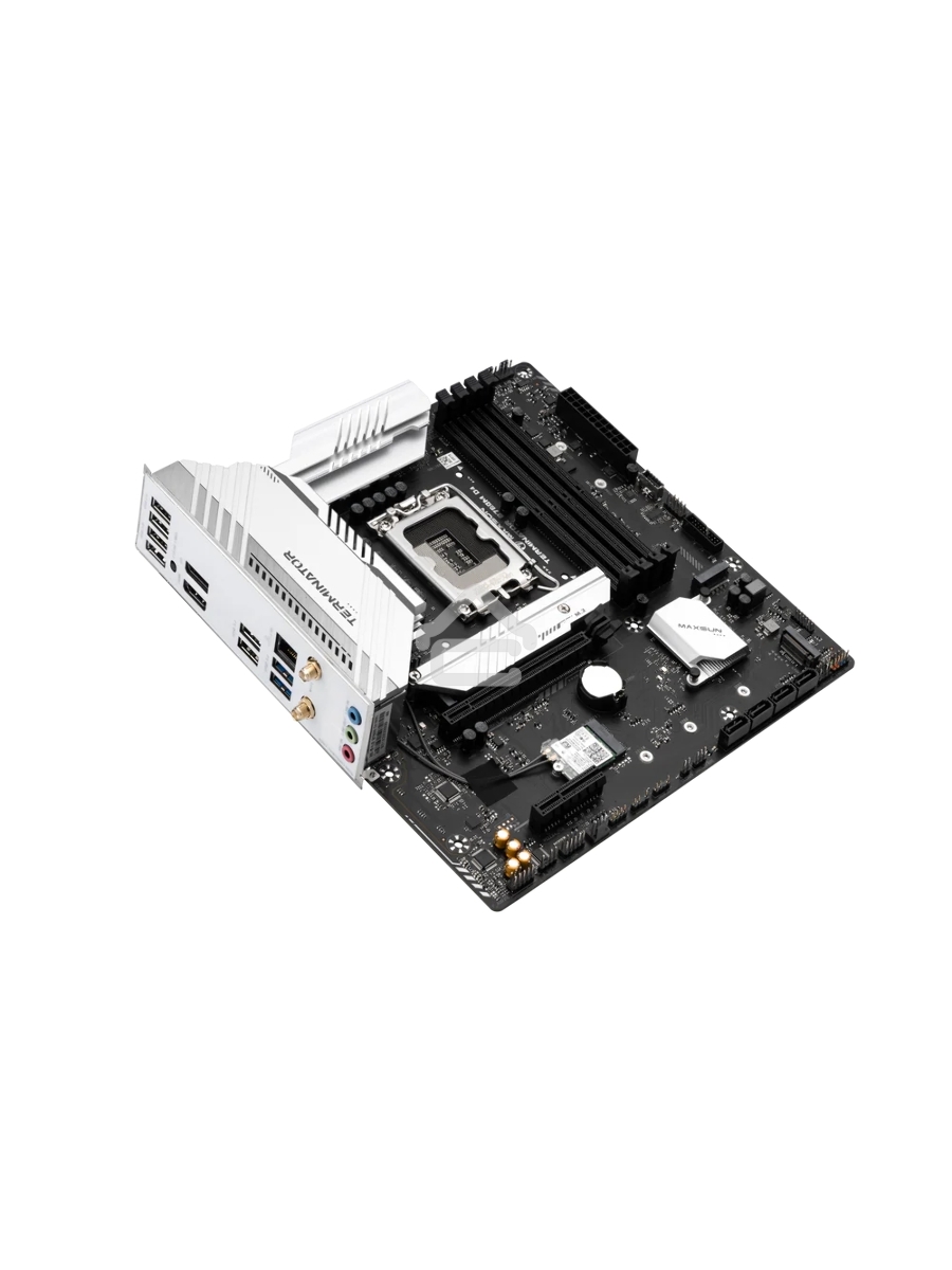 Материнская плата Maxsun Terminator B760M D4 WIFI6E, LGA 1700, Intel B760, 4xDDR4, 4xSATA, 3xM.2, 1xPCIe 5.0 x16, 1xPCIe 3.0 x4, 2xUSB-A 3.2 Gen 1, 2xUSB-A 3.2 Gen 2, 1xUSB-C 3.2 Gen 2x2, 1xHDMI, 1xDP, 1x 2.5Gb LAN, 3x3.5 мм, 5.1, M-ATX