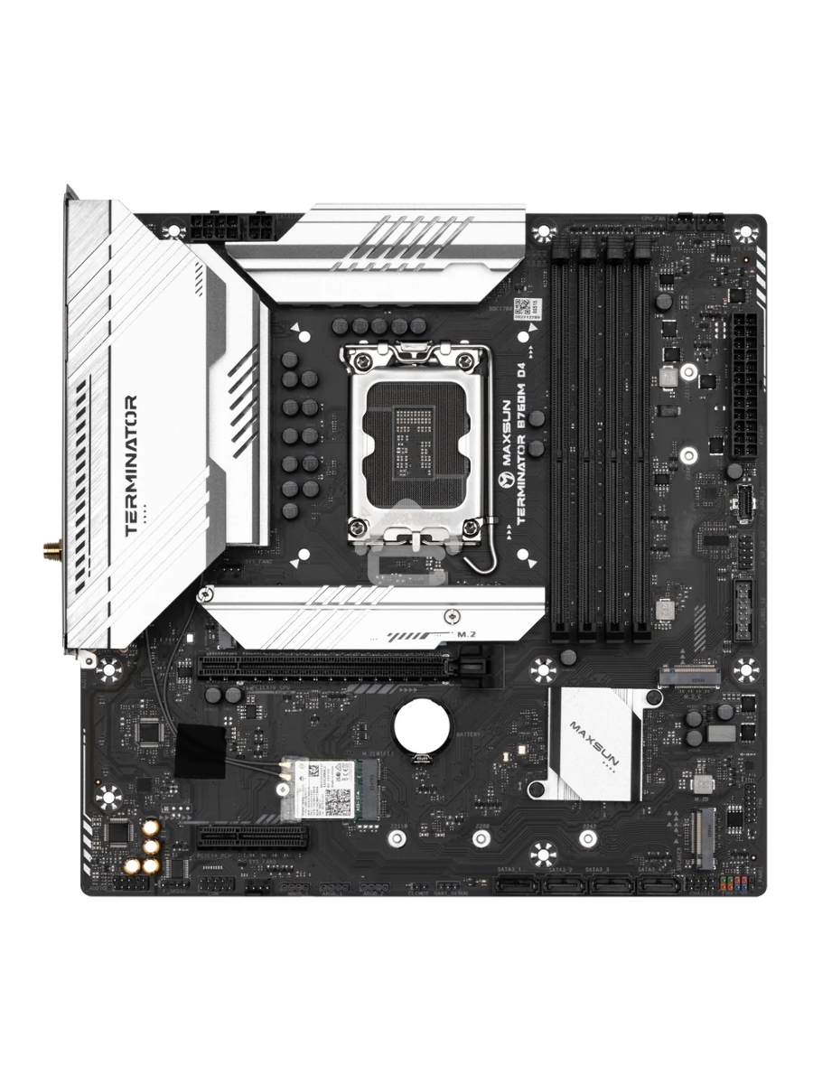 Материнская плата Maxsun Terminator B760M D4 WIFI6E, LGA 1700, Intel B760, 4xDDR4, 4xSATA, 3xM.2, 1xPCIe 5.0 x16, 1xPCIe 3.0 x4, 2xUSB-A 3.2 Gen 1, 2xUSB-A 3.2 Gen 2, 1xUSB-C 3.2 Gen 2x2, 1xHDMI, 1xDP, 1x 2.5Gb LAN, 3x3.5 мм, 5.1, M-ATX