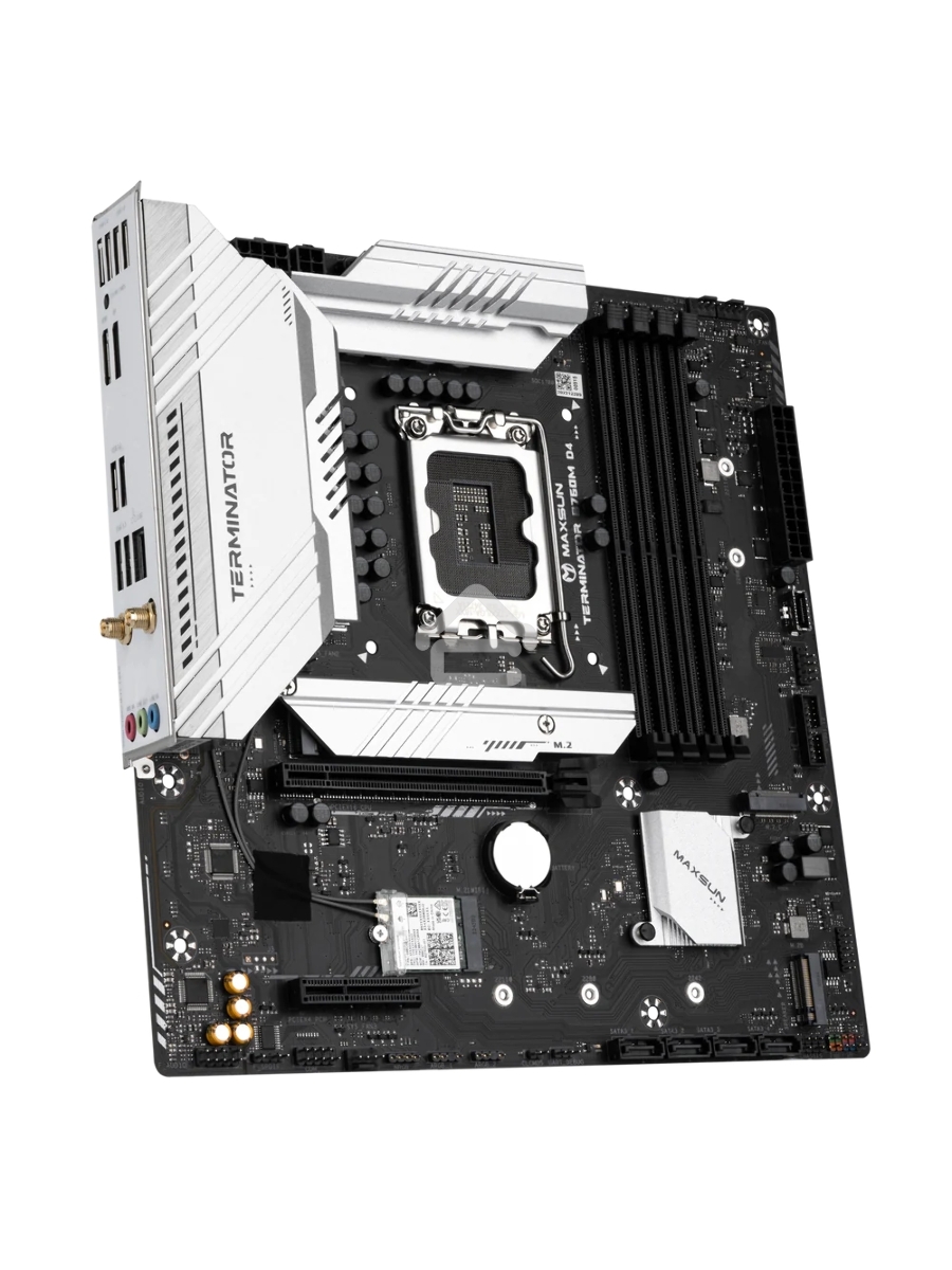 Материнская плата Maxsun Terminator B760M D4 WIFI6E, LGA 1700, Intel B760, 4xDDR4, 4xSATA, 3xM.2, 1xPCIe 5.0 x16, 1xPCIe 3.0 x4, 2xUSB-A 3.2 Gen 1, 2xUSB-A 3.2 Gen 2, 1xUSB-C 3.2 Gen 2x2, 1xHDMI, 1xDP, 1x 2.5Gb LAN, 3x3.5 мм, 5.1, M-ATX