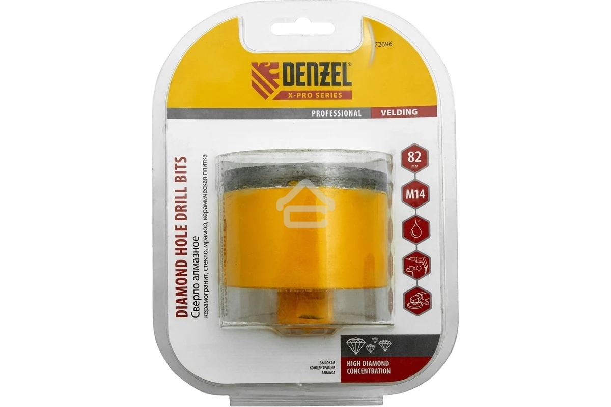Сверло алмазное по керамограниту Denzel 82мм мокрое резание, М14 72696