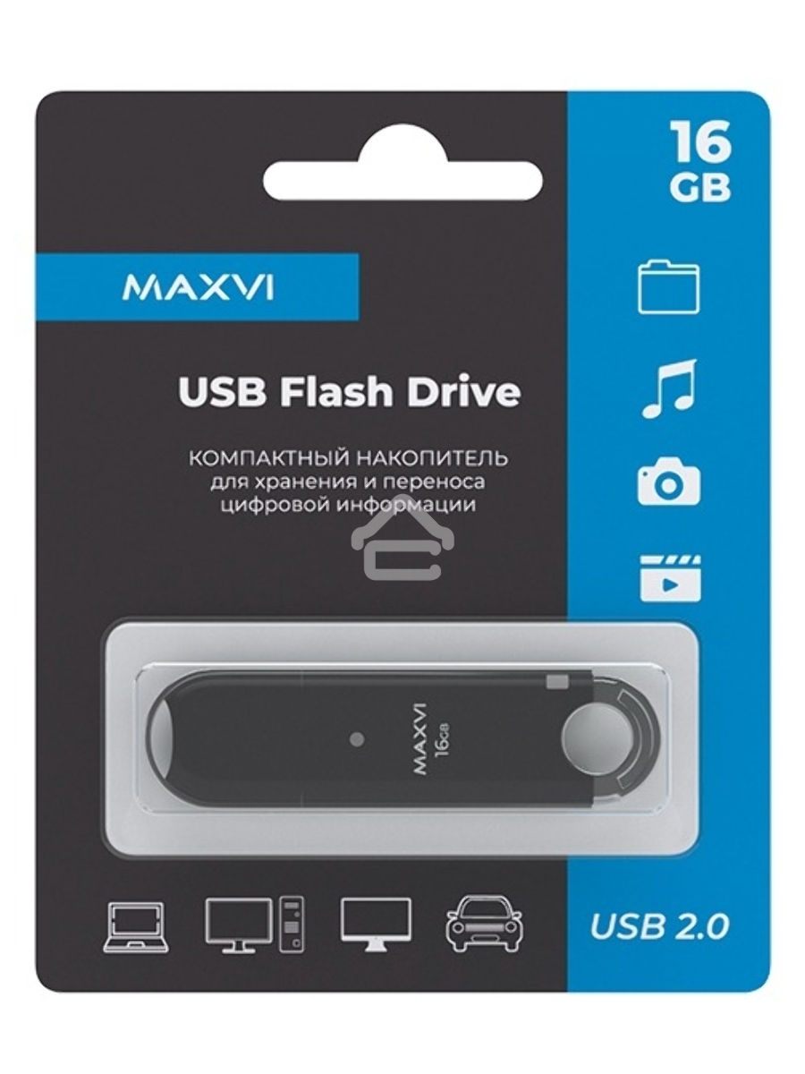 Флеш диск Maxvi P2 16GB USB 2.0 black, монолит с колпачком, ABS пластик