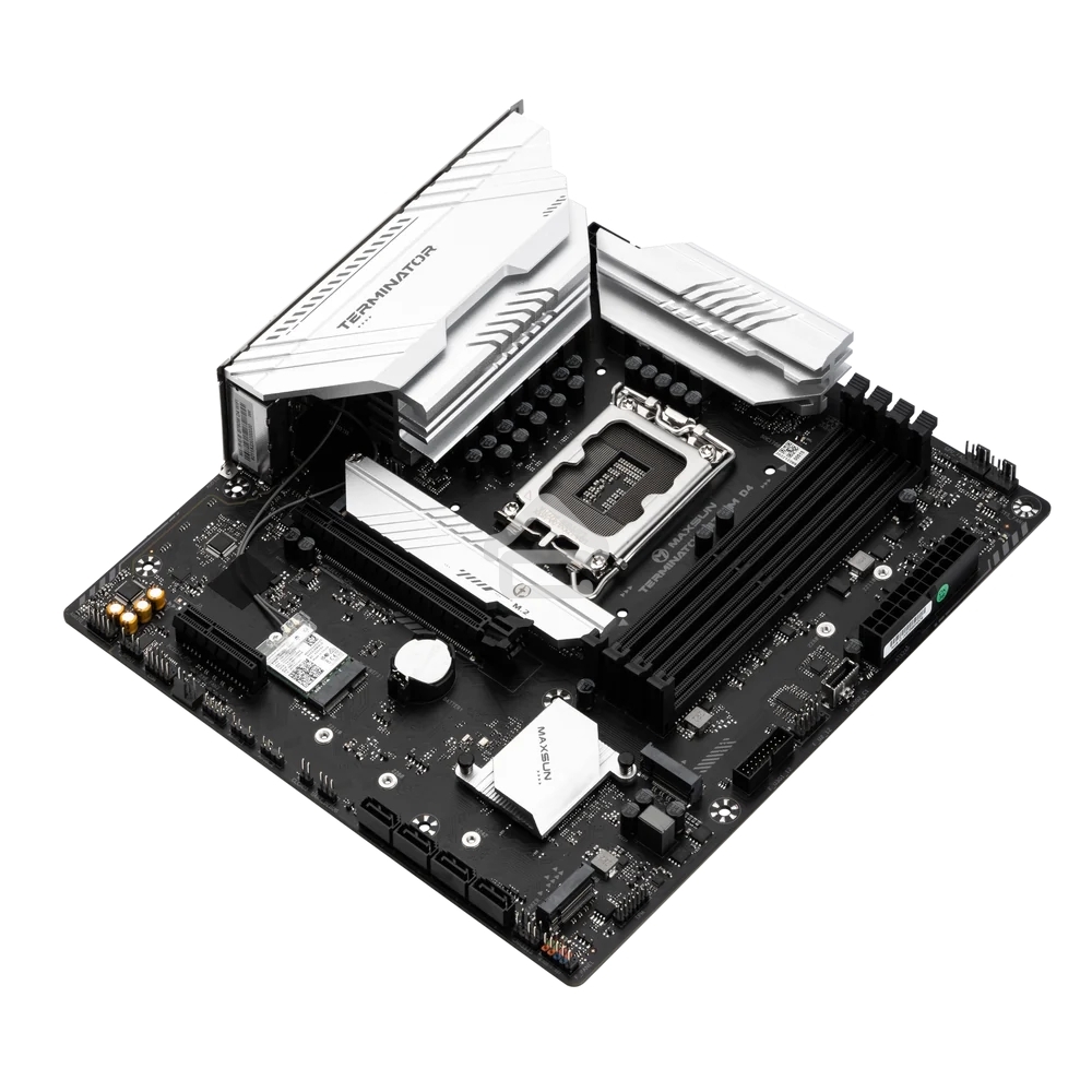 Материнская плата Maxsun Terminator B760M D4 WIFI6E, LGA 1700, Intel B760, 4xDDR4, 4xSATA, 3xM.2, 1xPCIe 5.0 x16, 1xPCIe 3.0 x4, 2xUSB-A 3.2 Gen 1, 2xUSB-A 3.2 Gen 2, 1xUSB-C 3.2 Gen 2x2, 1xHDMI, 1xDP, 1x 2.5Gb LAN, 3x3.5 мм, 5.1, M-ATX