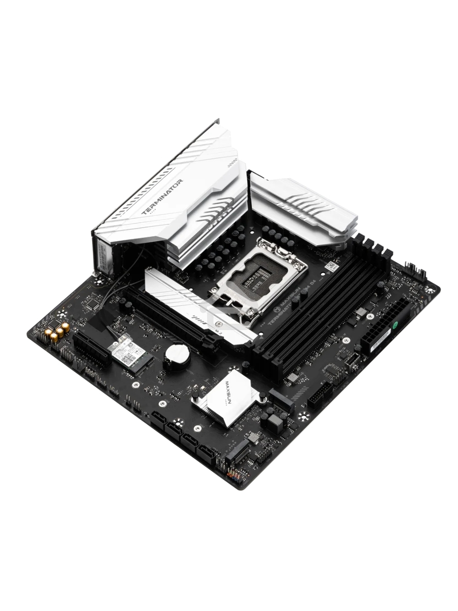 Материнская плата Maxsun Terminator B760M D4 WIFI6E, LGA 1700, Intel B760, 4xDDR4, 4xSATA, 3xM.2, 1xPCIe 5.0 x16, 1xPCIe 3.0 x4, 2xUSB-A 3.2 Gen 1, 2xUSB-A 3.2 Gen 2, 1xUSB-C 3.2 Gen 2x2, 1xHDMI, 1xDP, 1x 2.5Gb LAN, 3x3.5 мм, 5.1, M-ATX