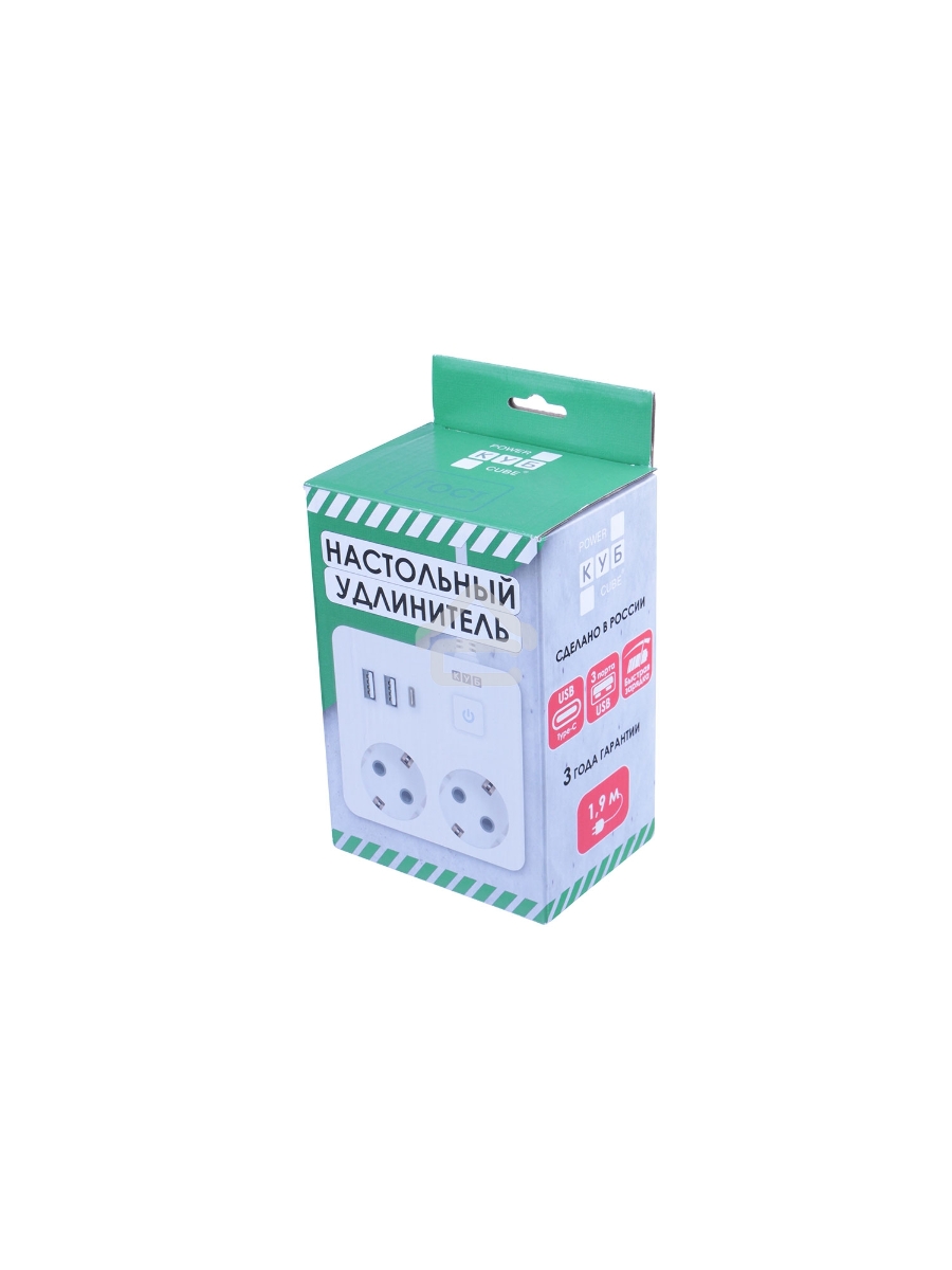 Бытовой удлинитель PowerCube, 2р с/з вык.,3USB, 3500 Вт, 16А, 1.9 м, 3*1,0 (белый) квадрат