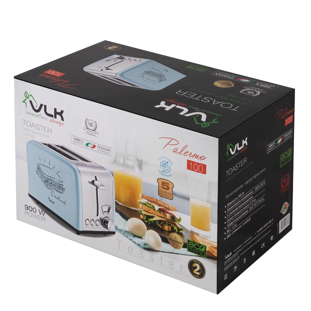 Тостер VLK Palermo 100, мощность 900 Вт, голубой, 5 регулировок поджаривания