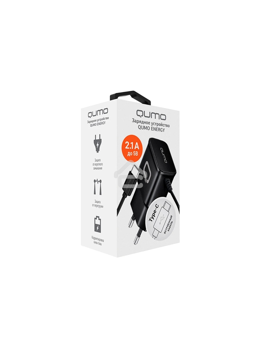 Сетевое зарядное устройство Qumo Energy (Charger 0025) 2.1A, встроенный кабель TYPE-C, черный