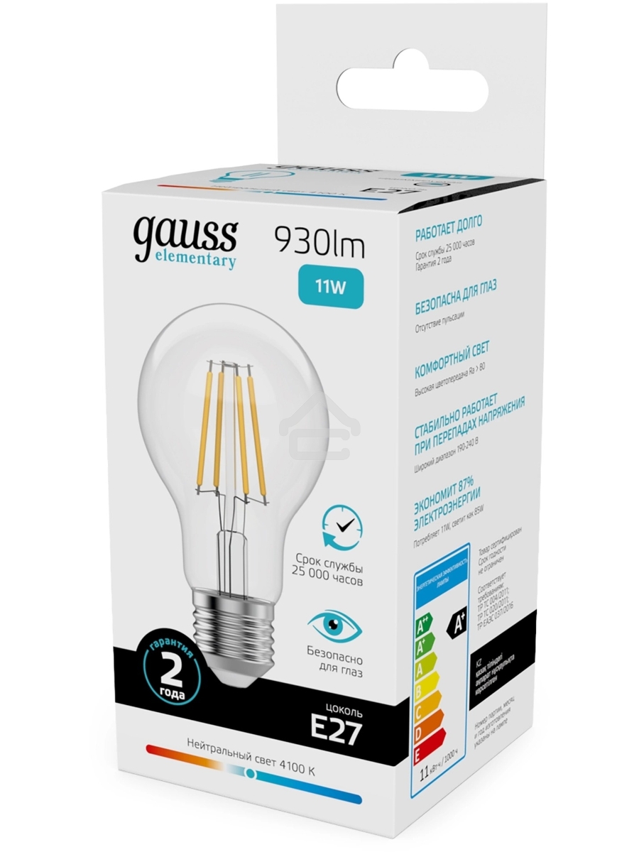 Лампа филам. Gauss Filament 11Вт цок.:E27 груша св.свеч.бел.нейт. (упак.:10шт) (22221)