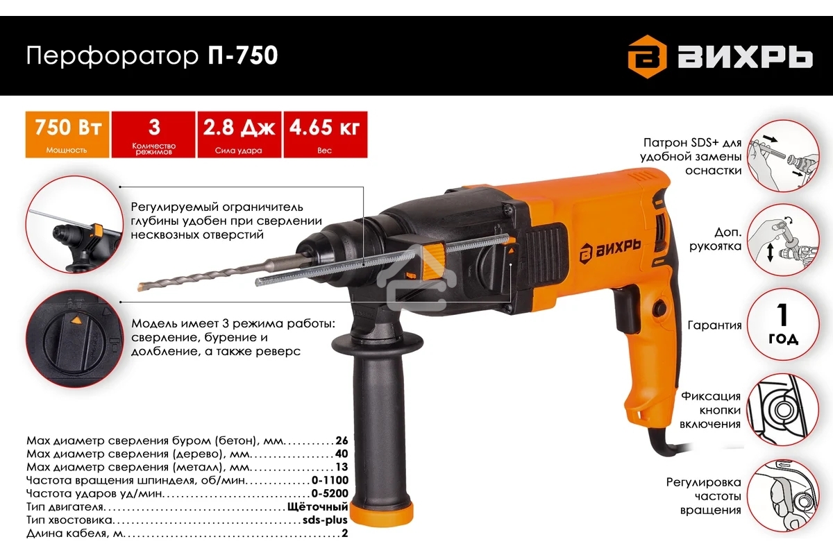 Перфоратор Вихрь П-750 патрон:SDS-plus уд.:2.8Дж 750Вт