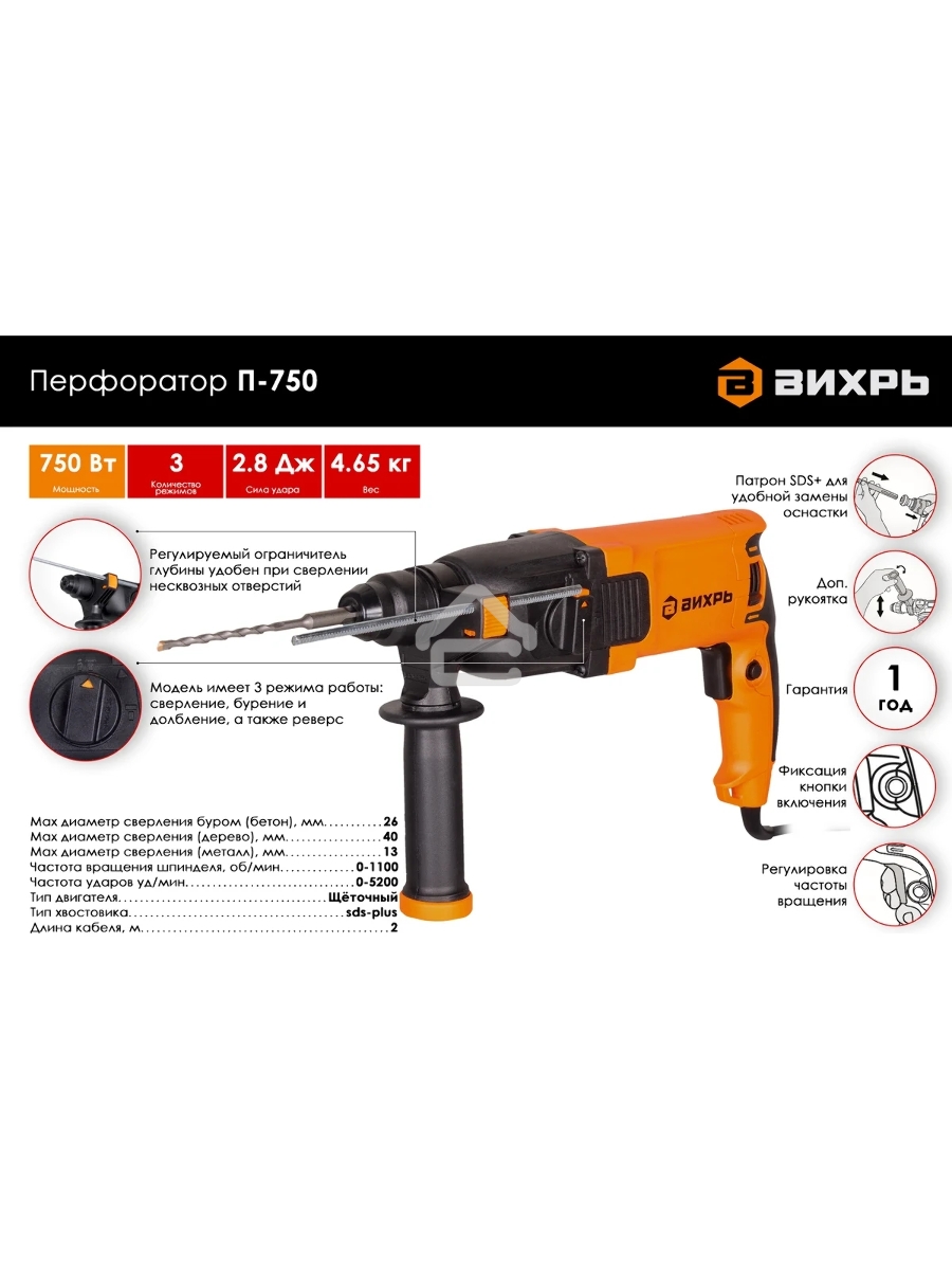 Перфоратор Вихрь П-750 патрон:SDS-plus уд.:2.8Дж 750Вт