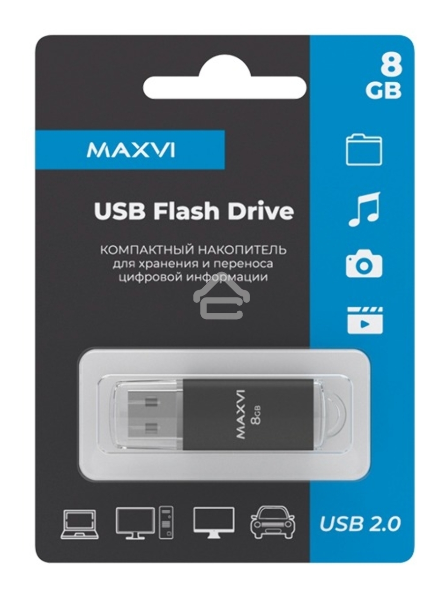 Флеш диск Maxvi MP 8GB USB 2.0 black, монолит с колпачком, металл + ABS пластик