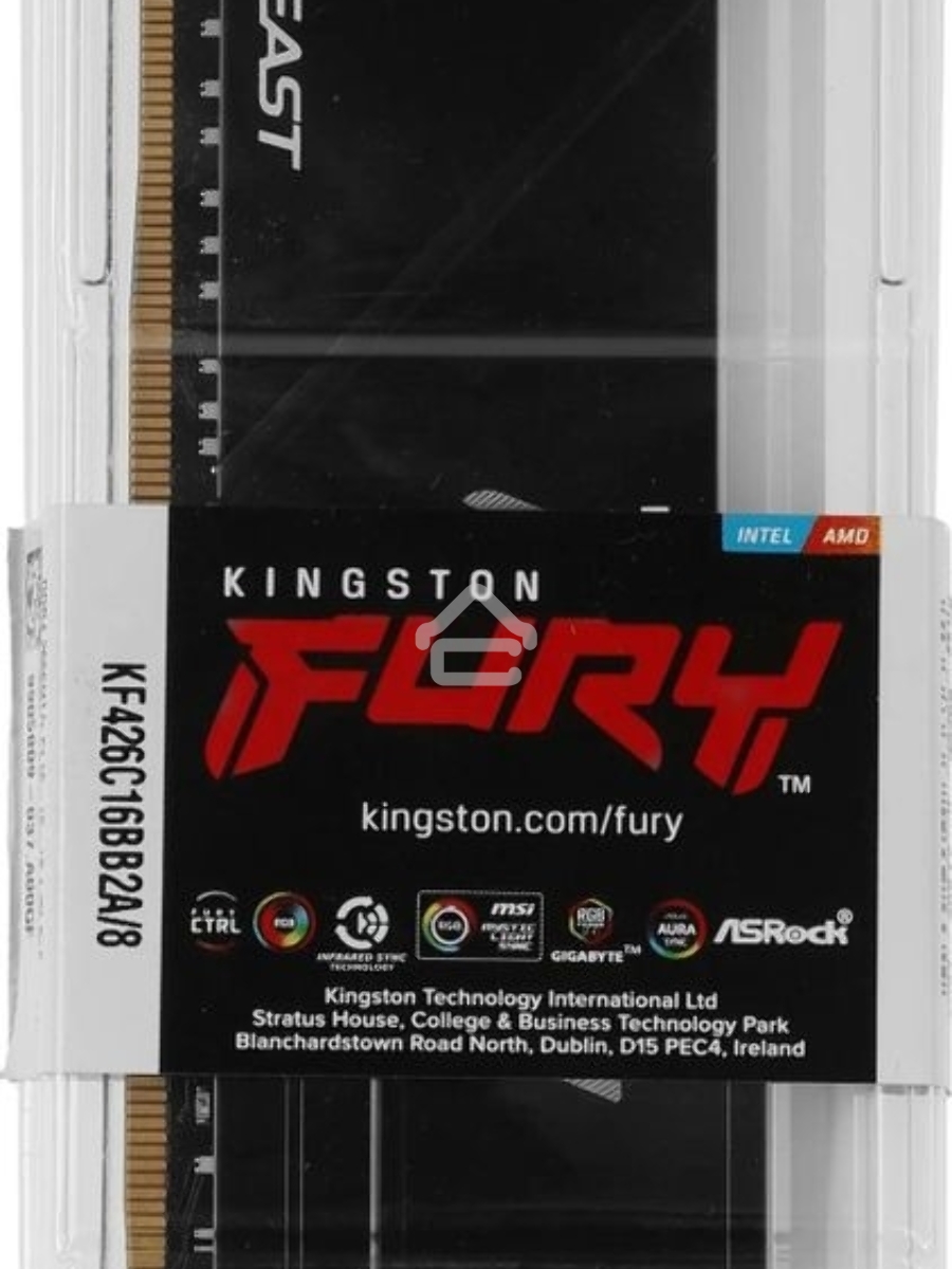 Оперативная память Kingston Fury Beast, DDR4, 8GB (1x8GB), 2666MHz, CL16, DIMM, с радиатором, RGB, чёрный