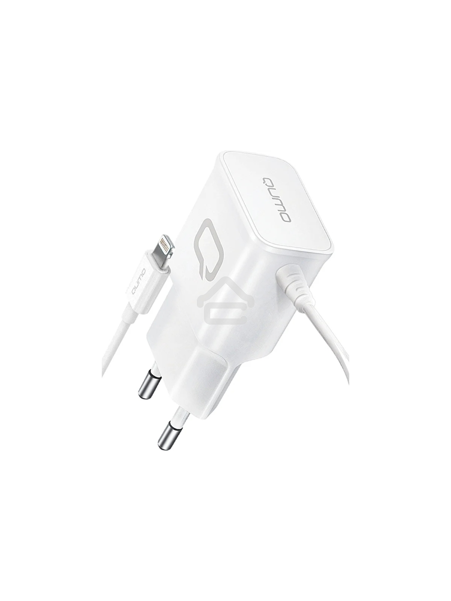 Сетевое зарядное устройство Qumo Energy (Charger 0026) 2.1A, встроенный кабель Lightning 8 Pin, белый