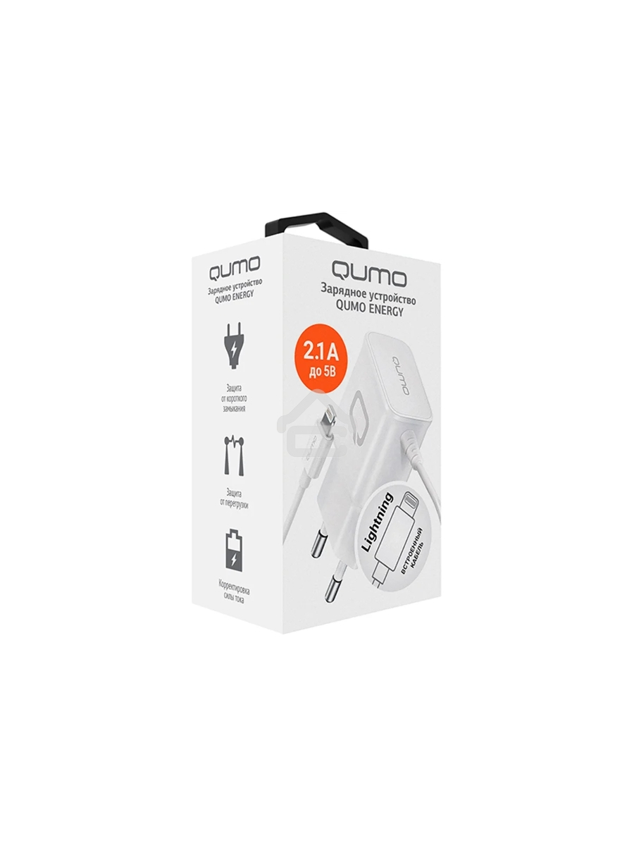 Сетевое зарядное устройство Qumo Energy (Charger 0026) 2.1A, встроенный кабель Lightning 8 Pin, белый