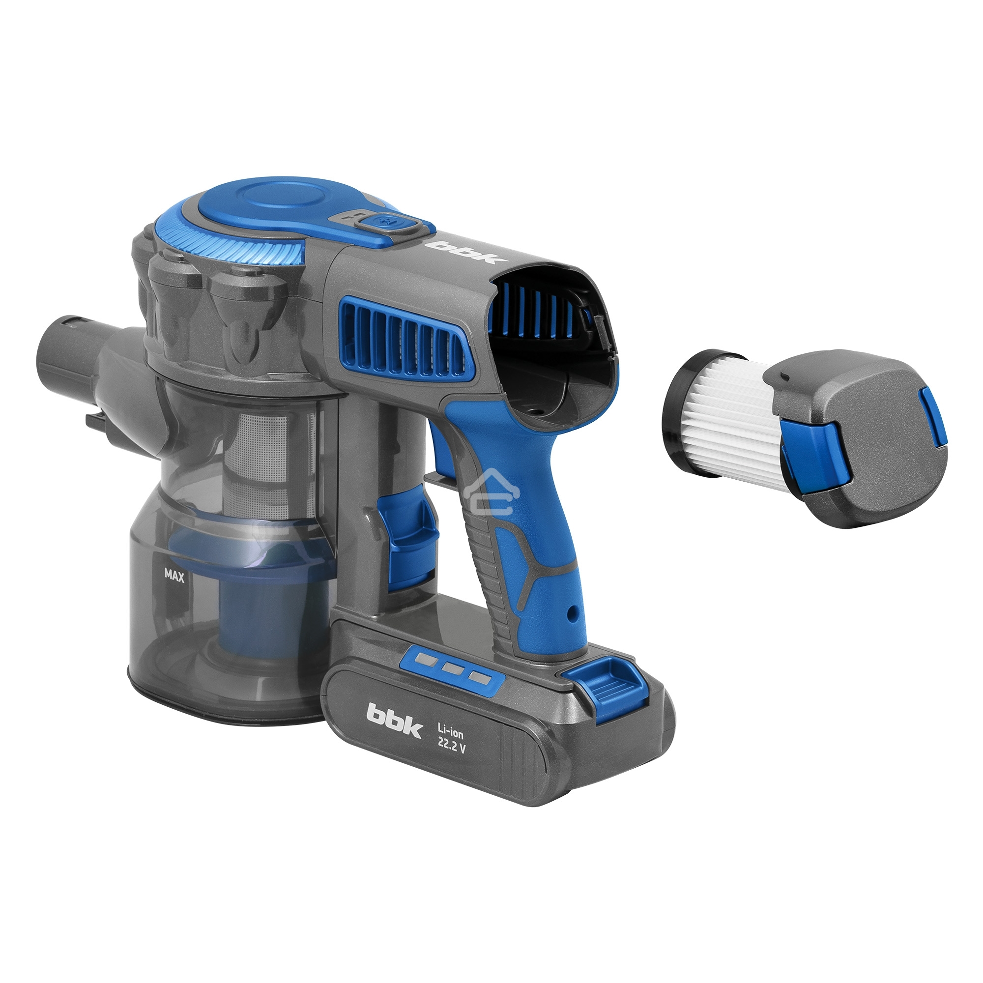 Пылесос вертикальный BBK BV3001 синий/серый, питание от аккумулятора, 150 Вт, уборка сухая, пылесборник 0.8 л, работа от АКБ max 30 мин