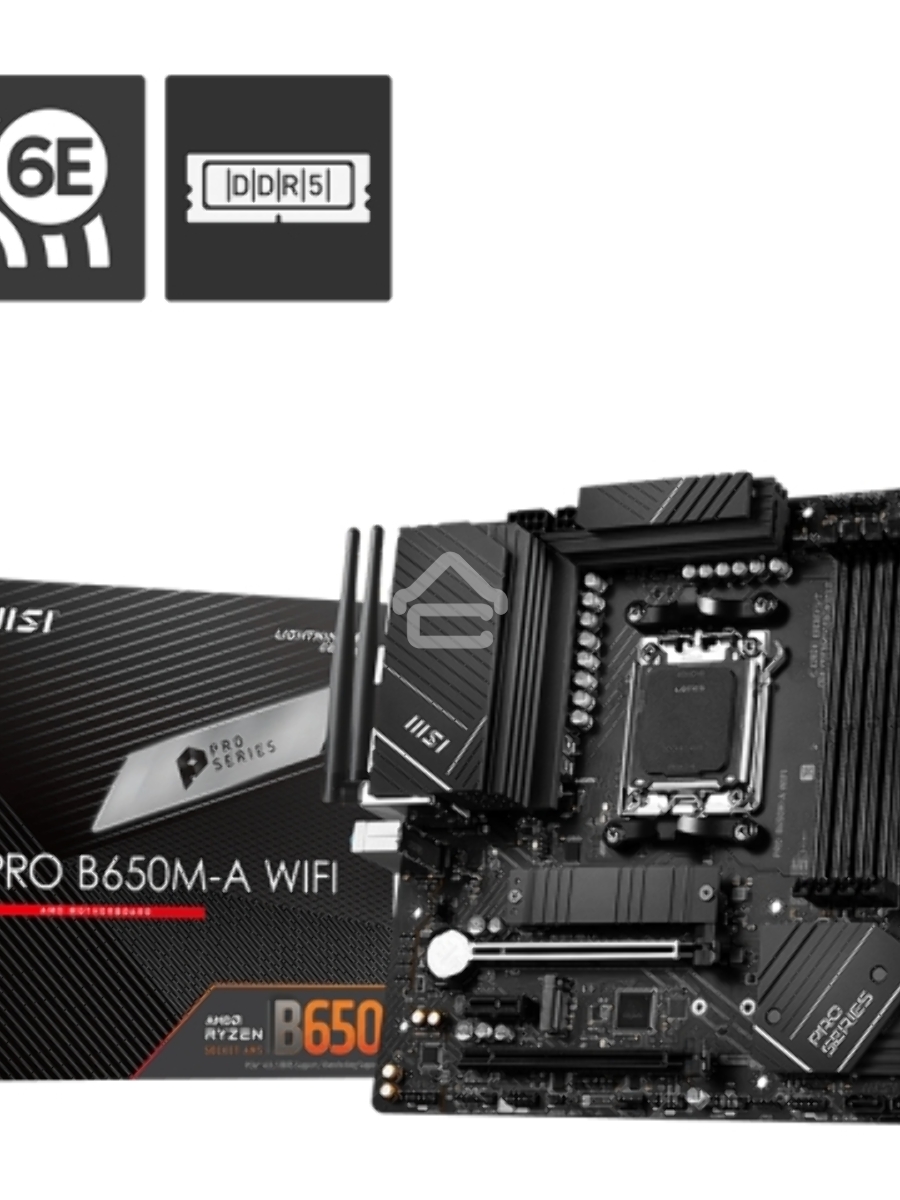 Материнская плата MSI PRO B650M-A WIFI, AM5, AMD B650, 4xDDR5, 4xSATA, 2xM.2, 1xPCI-E 4.0 x16, 1xPCI-E 4.0 x4, 1xDP, 1xHDMI, 1x2.5Gb LAN, 4xUSB 3.2 Gen 1, 4xUSB 3.2 Gen 2, 3x3.5 мм, 7.1, 802.11ax, 5.3, Micro-ATX