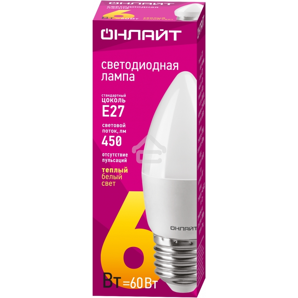 Лампа светодиодная ОНЛАЙТ 71630 OLL-C37-6-230-2.7K-E27-FR 6Вт свеча 2700К теплый белый E27 450лм 176-264В