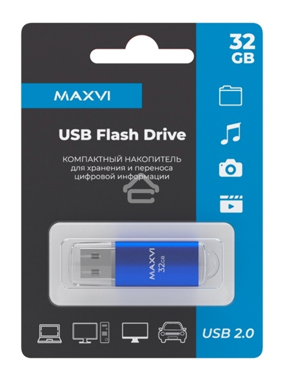 Флеш диск Maxvi MP 32GB USB 2.0 blue, монолит с колпачком, металл + ABS пластик