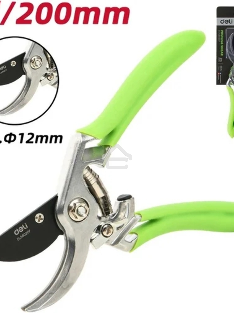 Секатор садовый Deli DL580207 цельнокованный, лезвия с тефлоновым покрытием, длина 215мм, макс. диаметр резки 12мм, сталь SK5