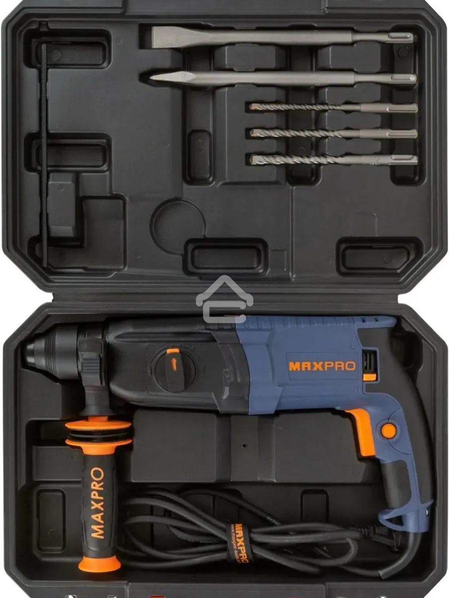 Перфоратор монтажный MAX-PRO MPRH800/26VP 800Вт, 0-1100 об/мин, 2,8 Дж, 3 режима, Д/Б/М-30/26/13, 3,4 кг, SDS-PLUS, антивибрационная ручка, резиновые вставки, рез