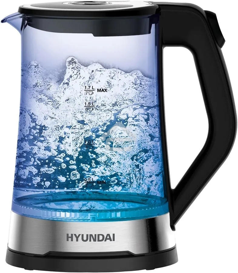 Чайник электрический Hyundai HYK-G3401 1.7 л, 2200 Вт, черный/серебристый (корпус: стекло)