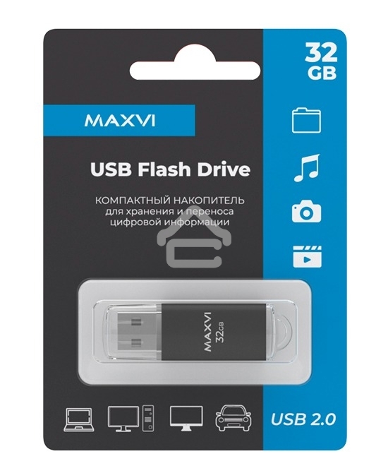 Флешка USB R/W Maxvi MP 32GB USB 2.0 black, монолит с колпачком, металл + ABS пластик