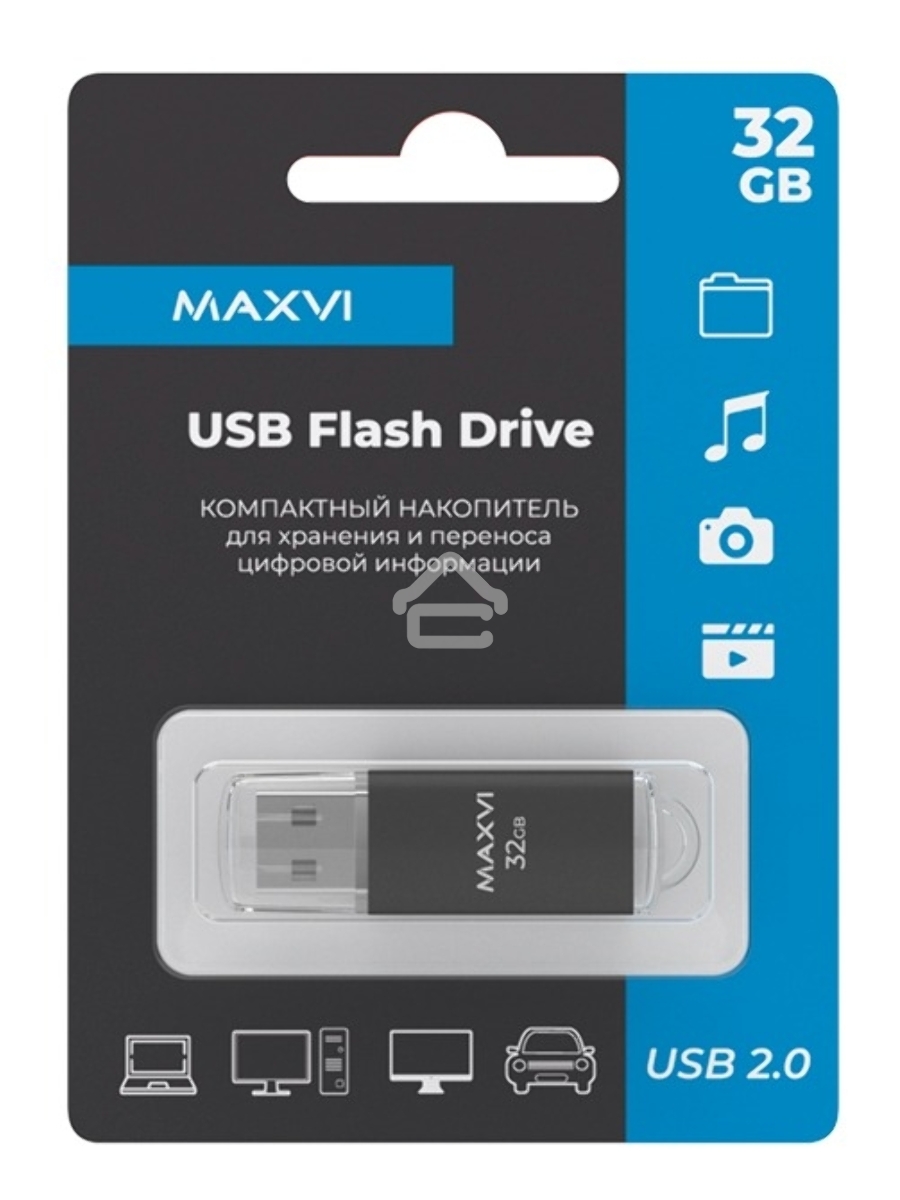 Флеш диск Maxvi MP 32GB USB 2.0 black, монолит с колпачком, металл + ABS пластик