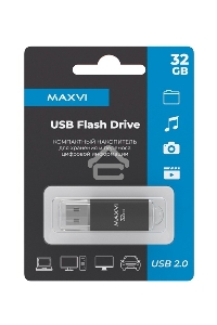 Флеш диск Maxvi MP 32GB USB 2.0 black, монолит с колпачком, металл + ABS пластик