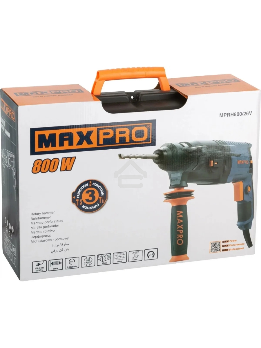 Перфоратор монтажный MAX-PRO MPRH800/26VP 800Вт, 0-1100 об/мин, 2,8 Дж, 3 режима, Д/Б/М-30/26/13, 3,4 кг, SDS-PLUS, антивибрационная ручка, резиновые вставки, рез
