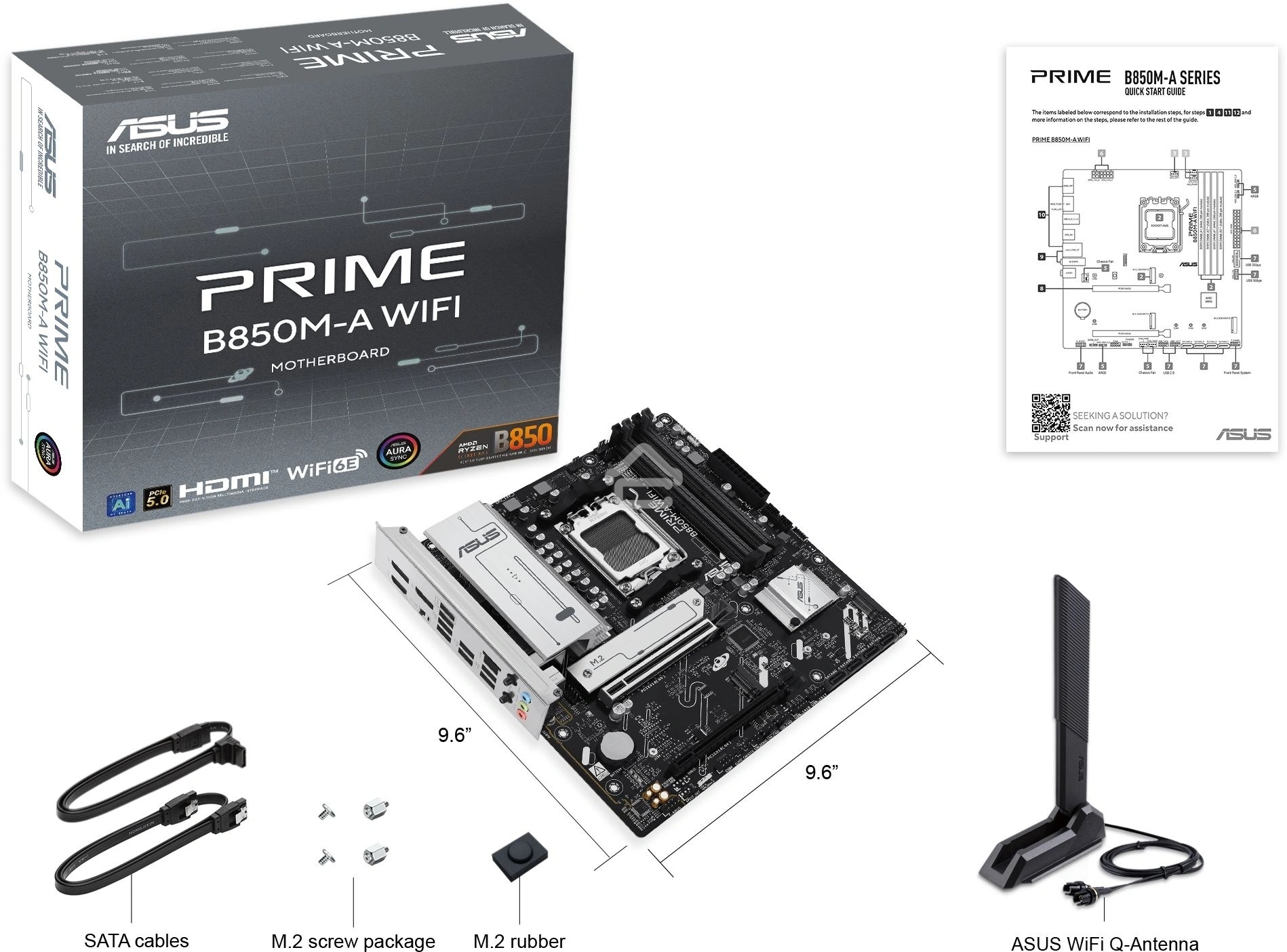 Материнская плата ASUS PRIME B850M-A WIFI, AM5, AMD B850, 4xDDR5, 4xSATA, 3xM.2, 1xPCIe 5.0 x16, 1xPCIe 4.0 x16, 1xHDMI, 2xDP, 1x2.5Gb LAN, Wi-Fi 6E, Bluetooth 5.3, 2xUSB-A 10Gbps, 2xUSB-A 5Gbps, 4xUSB-A 2.0, 3x3.5 мм, 7.1, mATX