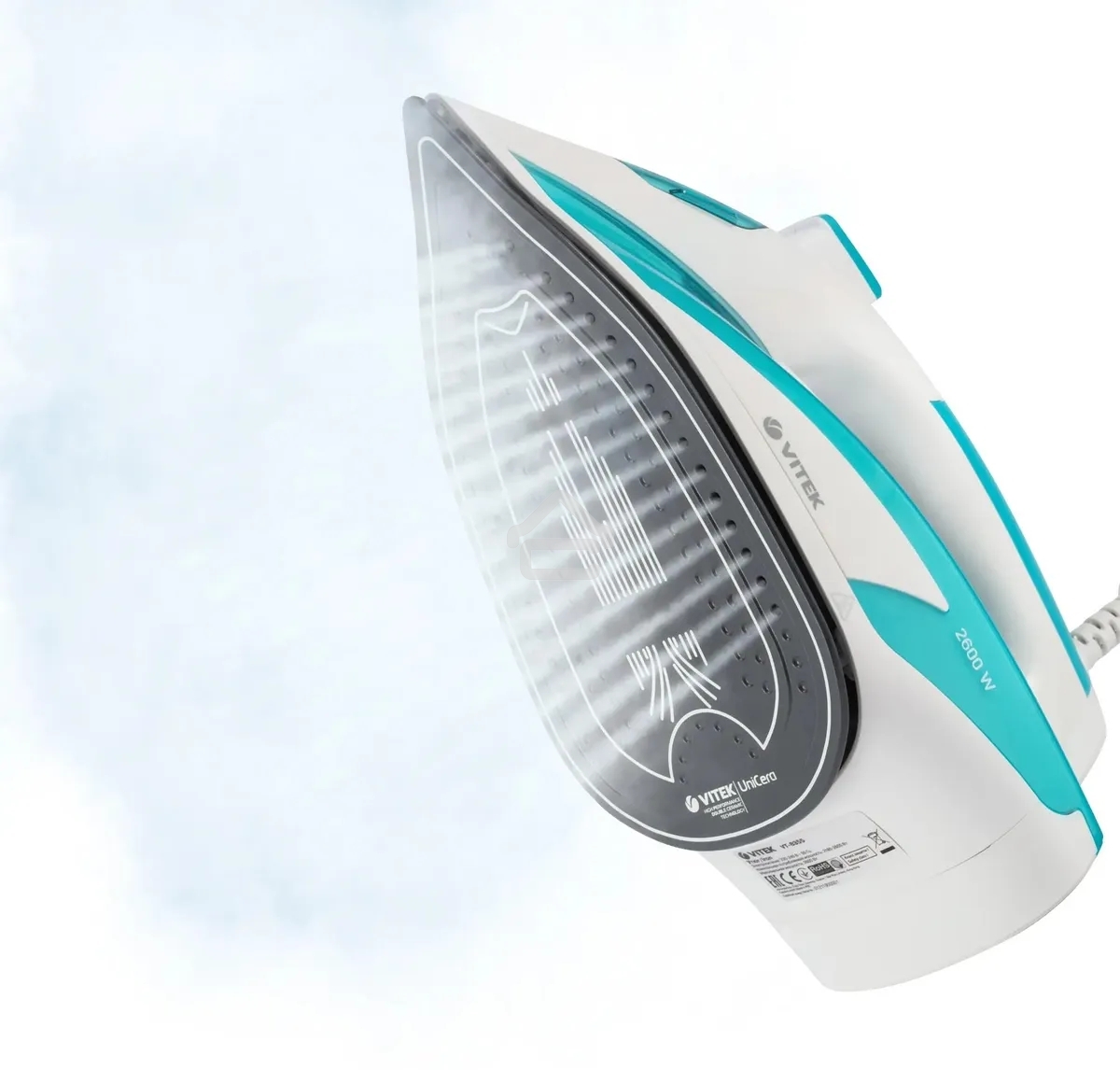 Утюг Vitek VT-8355 (MC) белый/бирюзовый 1. Максимальная мощность 2600 Вт 2. Керамическая подошва 3. Емкость для воды 400 мл