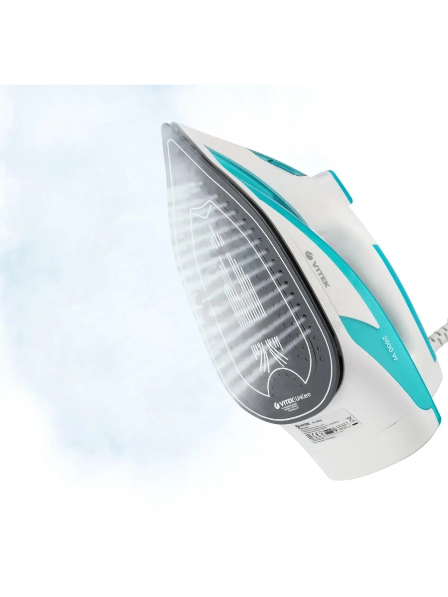 Утюг Vitek VT-8355 (MC) белый/бирюзовый 1. Максимальная мощность 2600 Вт 2. Керамическая подошва 3. Емкость для воды 400 мл