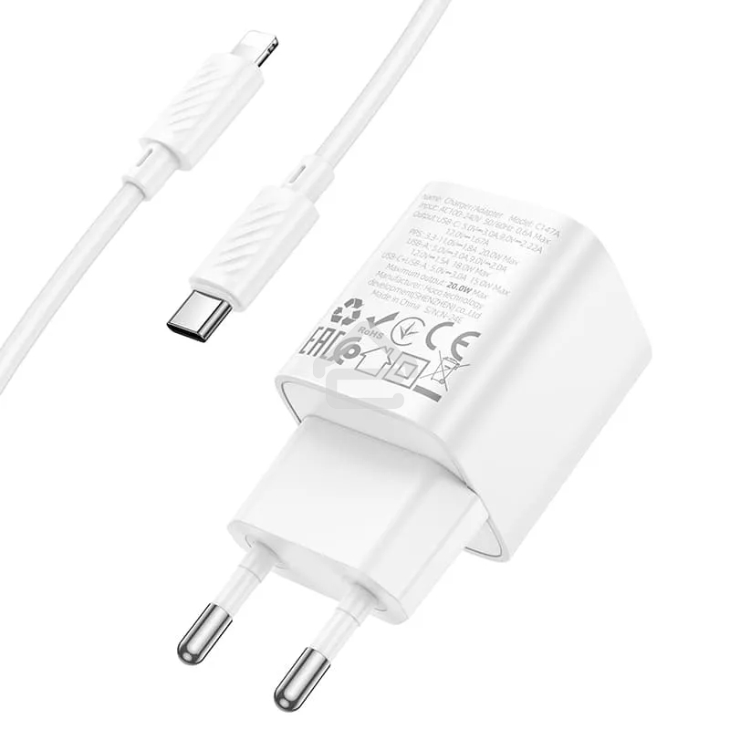 Сетевое зарядное устройство HOCO C147Aai 1USB+1Type-C 3.0A QC3.0 PD 20W, White