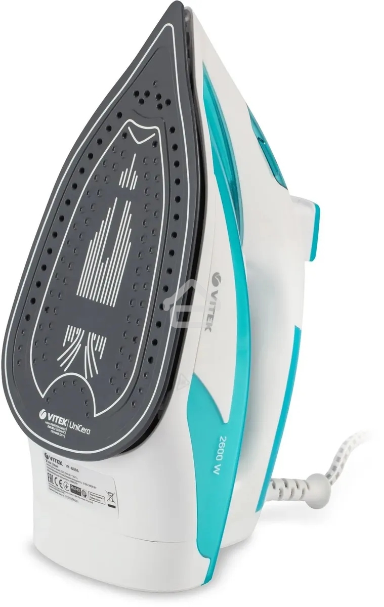 Утюг Vitek VT-8355 (MC) белый/бирюзовый 1. Максимальная мощность 2600 Вт 2. Керамическая подошва 3. Емкость для воды 400 мл