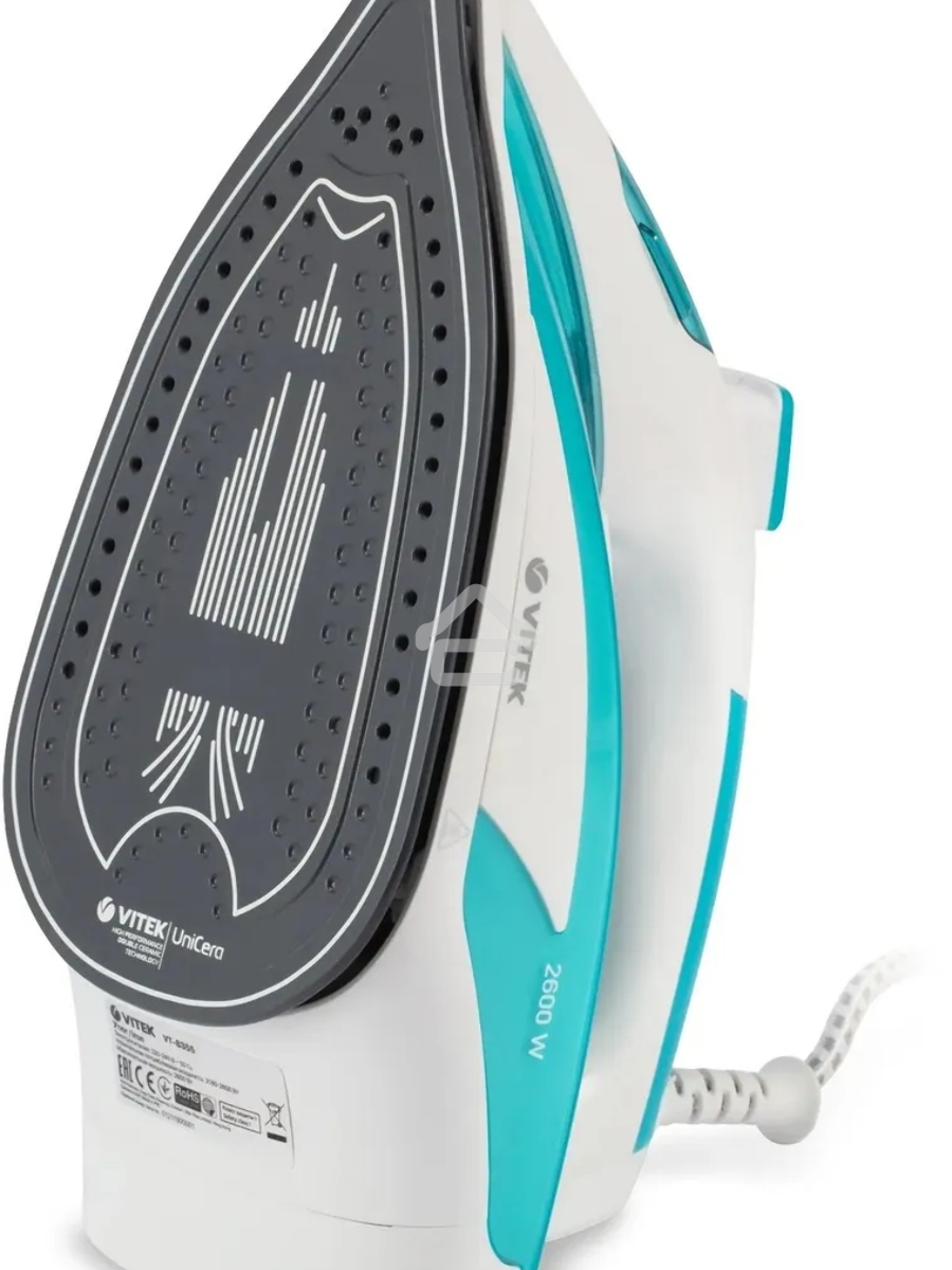 Утюг Vitek VT-8355 (MC) белый/бирюзовый 1. Максимальная мощность 2600 Вт 2. Керамическая подошва 3. Емкость для воды 400 мл