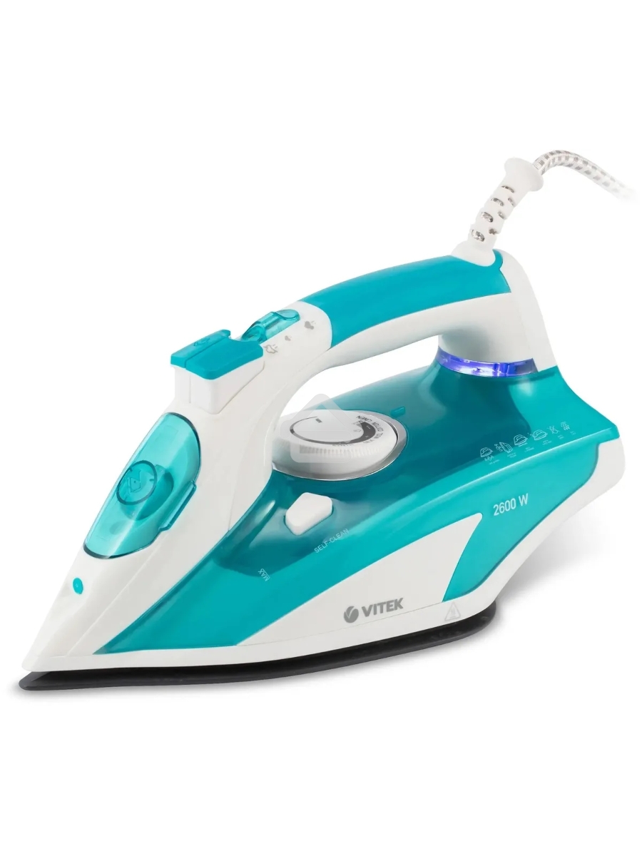 Утюг Vitek VT-8355 (MC) белый/бирюзовый 1. Максимальная мощность 2600 Вт 2. Керамическая подошва 3. Емкость для воды 400 мл