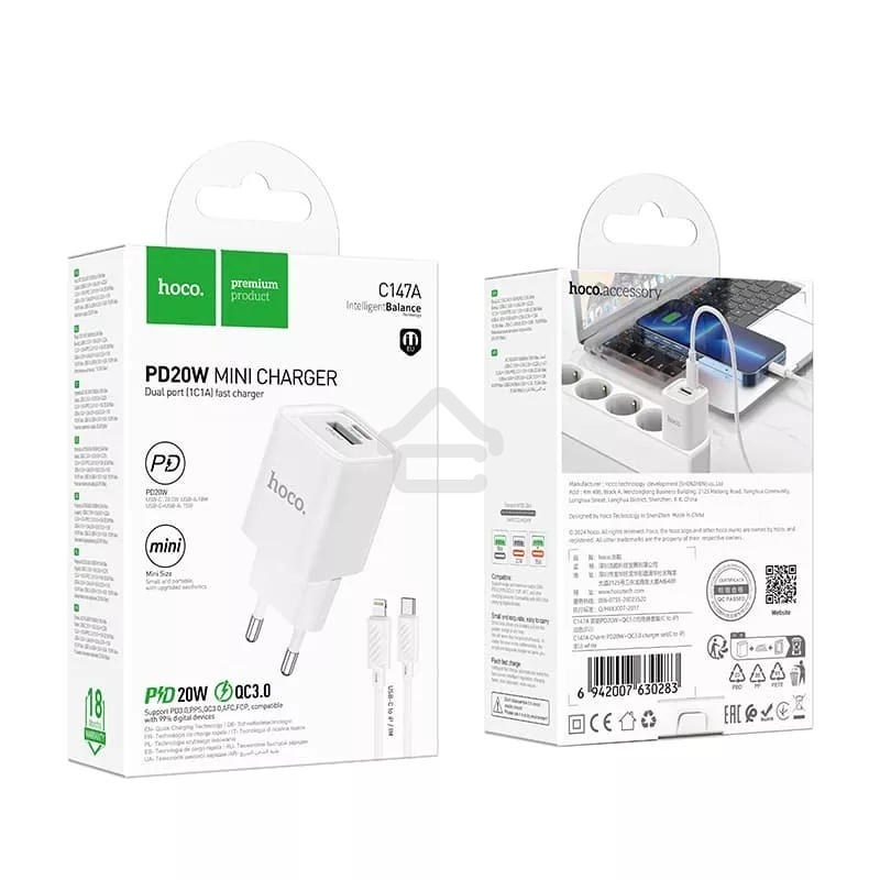 Сетевое зарядное устройство HOCO C147Aai 1USB+1Type-C 3.0A QC3.0 PD 20W, White