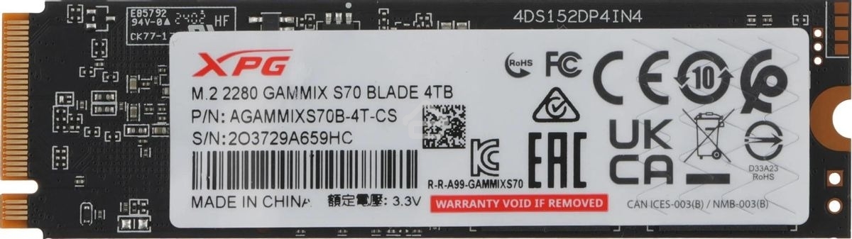 Накопитель SSD ADATA XPG BLADE S70, 4Tb, PCIe 4.0 x4, M.2 2280, NVMe, R/W 7400/6600, с радиатором