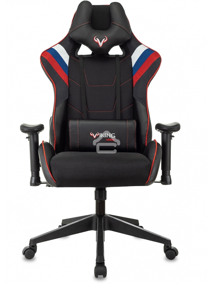 Кресло игровое Бюрократ VIKING 4 AERO RUS белый/синий/красный/черный, искусст. кожа/ткань, две подушки