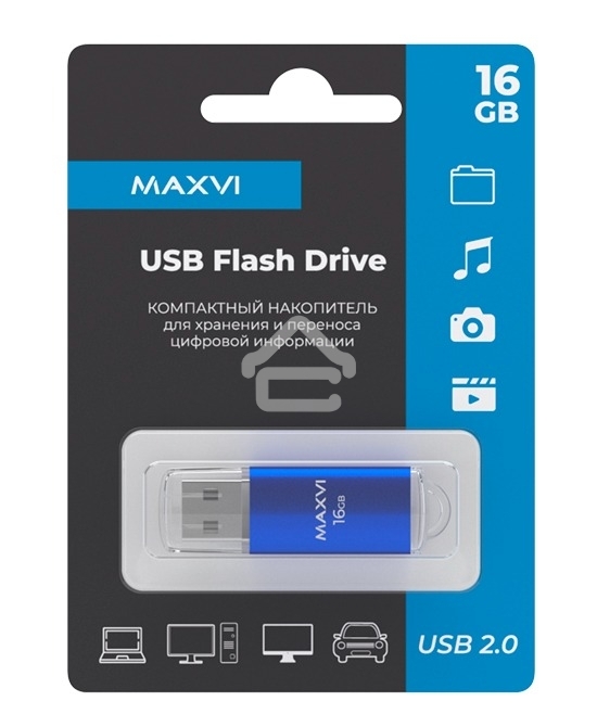 Флешка USB R/W Maxvi MP 16GB MP blue, монолит с колпачком, металл + ABS пластик