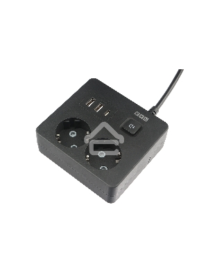 Бытовой удлинитель PowerCube, 2р с/з вык.,3USB, 3500 Вт, 16А, 1.9 м, 3*1,0 (черный) квадрат PC-1B-2M