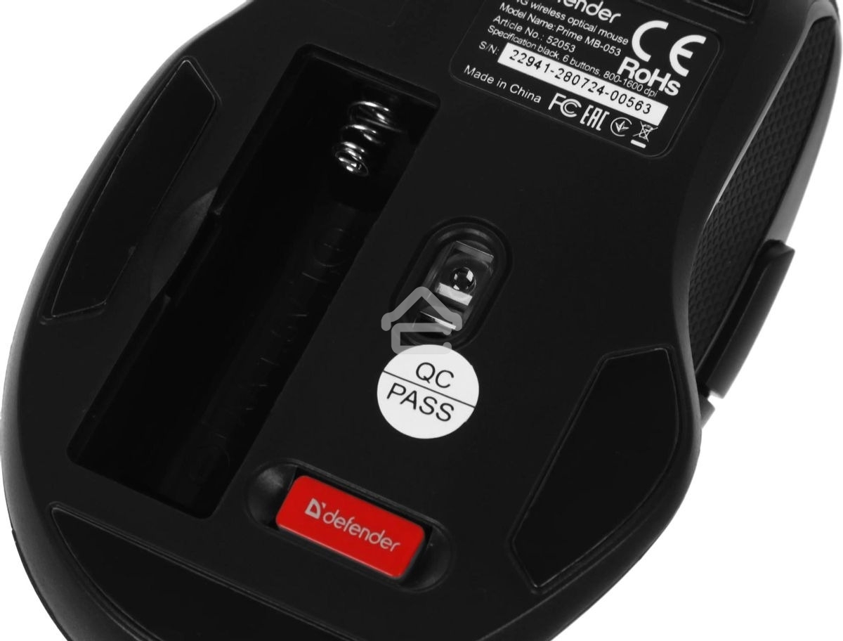 Мышь беспроводная Defender Prime MB-053 черный, 1600 dpi, радиоканал, USB, кнопки - 6