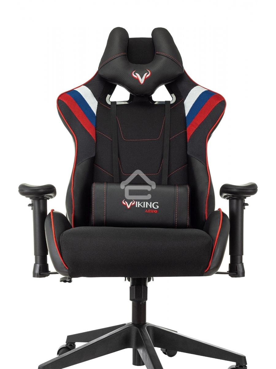 Кресло игровое Бюрократ VIKING 4 AERO RUS белый/синий/красный/черный, искусст. кожа/ткань, две подушки