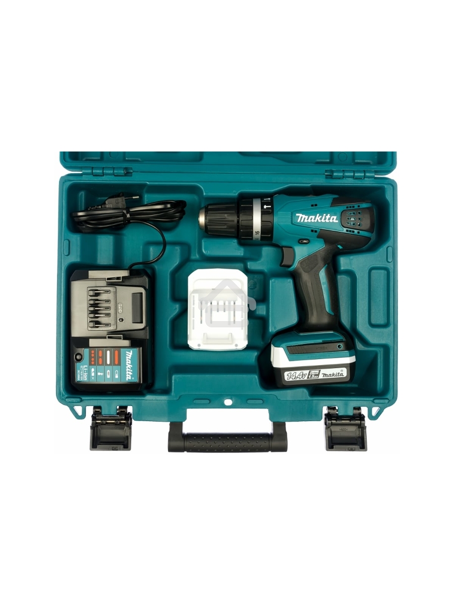 Дрель-шуруповерт Makita HP347DWE, Аккумуляторная, 14.4В, 2 АКБ, Ударная, Кейс