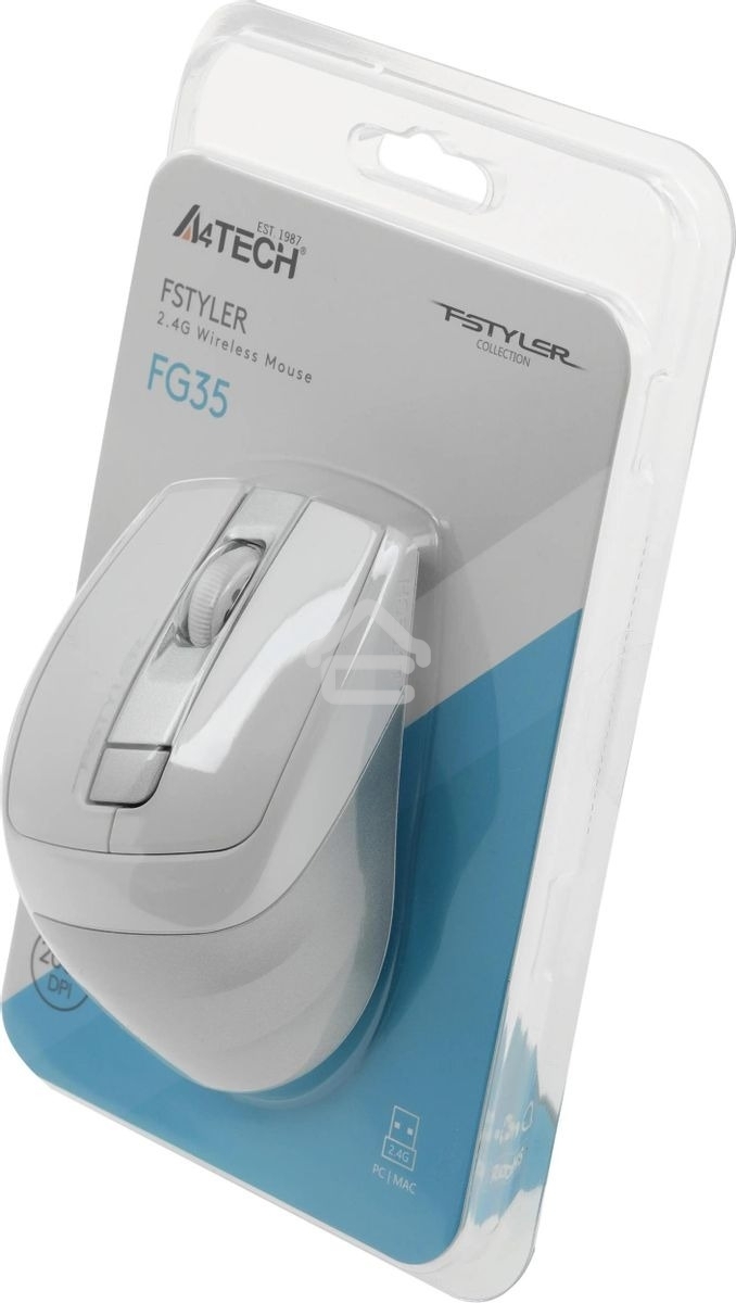 Мышь беспроводная A4Tech Fstyler FG35 серебристый/белый, 2000 dpi, радиоканал, USB, кнопки - 6