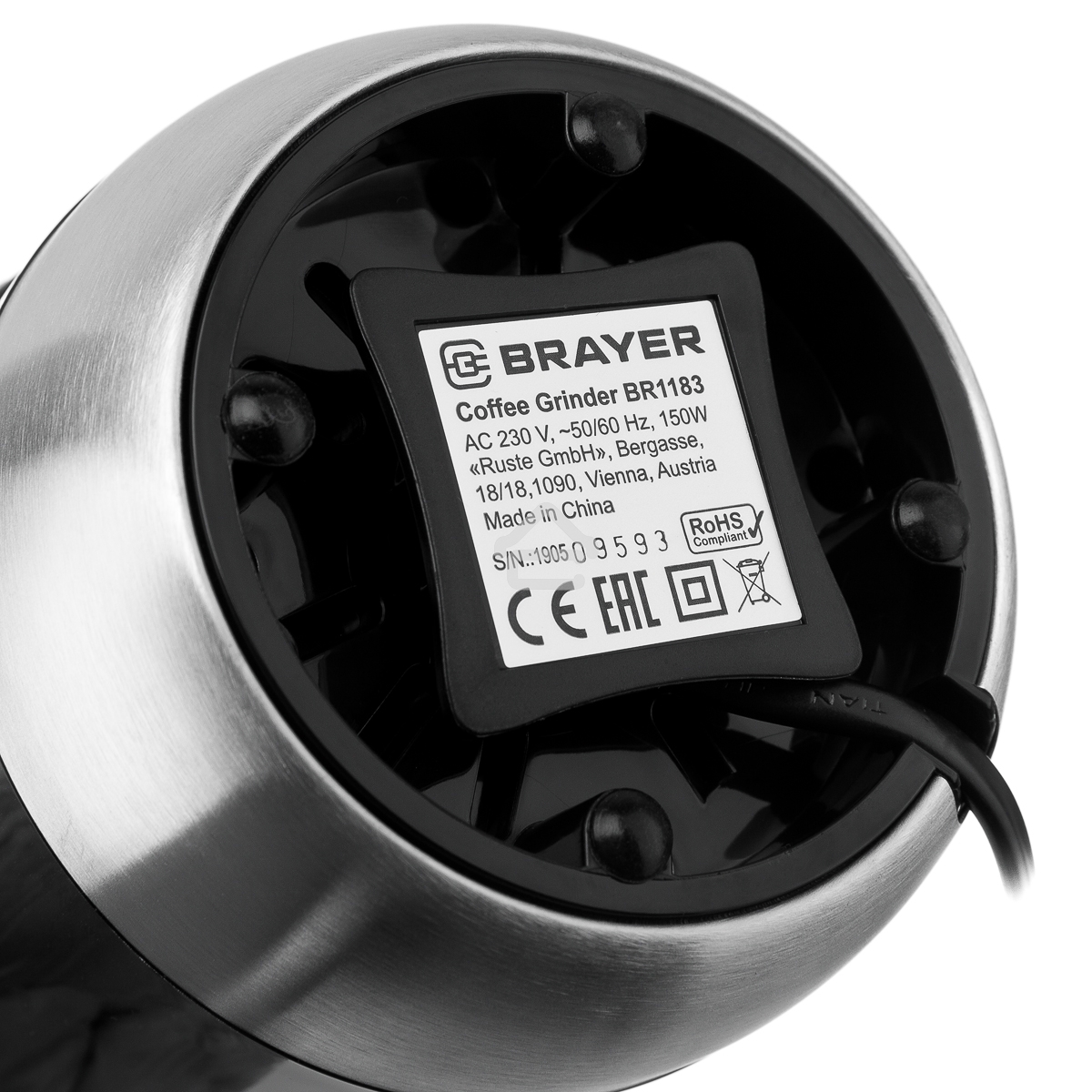 Кофемолка BRAYER BR1183, Емкость 50 г.,Мощн. 150 Вт, Пластиковый корпус, Чаша из нерж.стали
