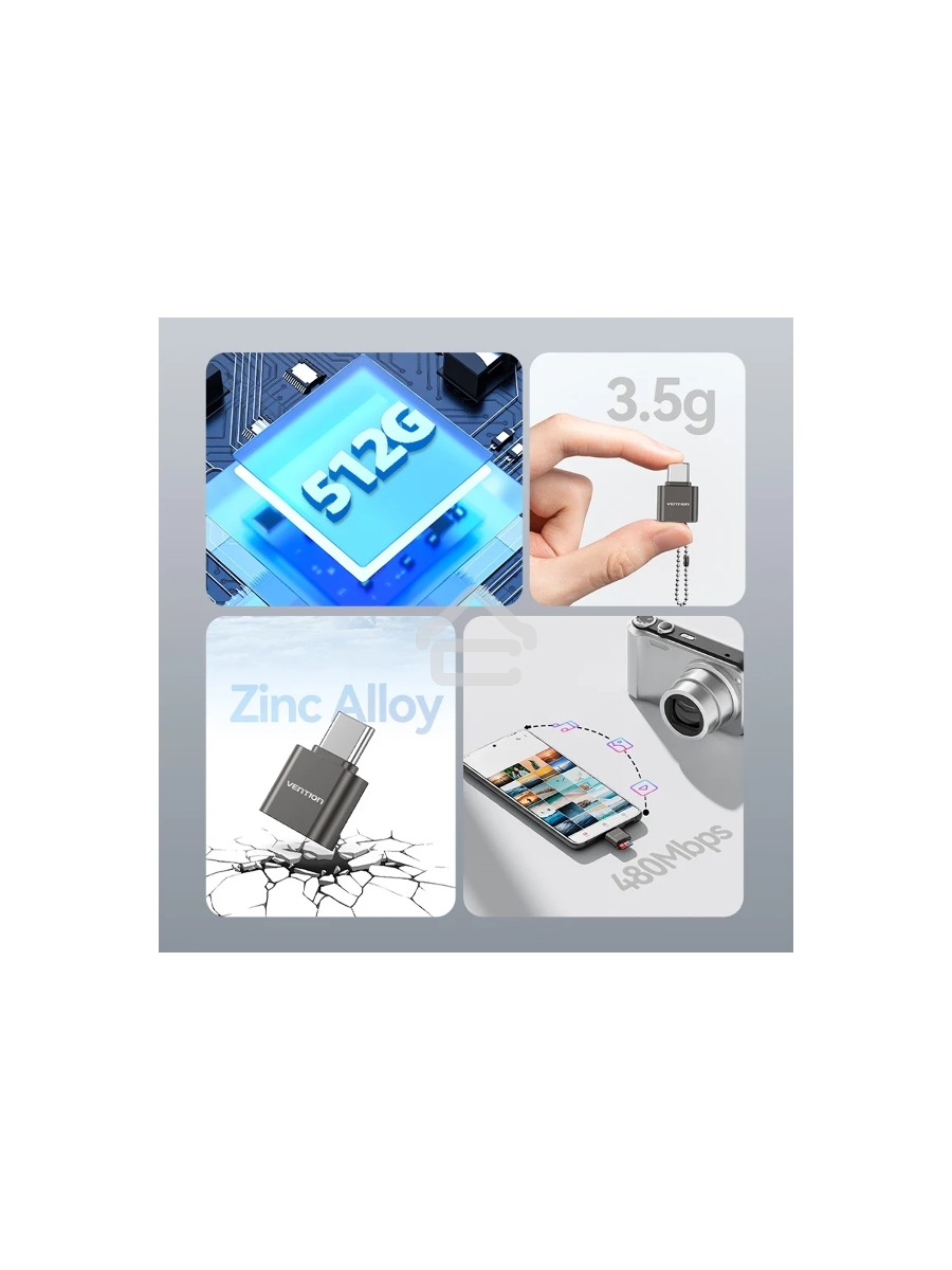 Картридер Vention OTG USB 2.0 CM / MicroSD - Серый